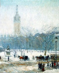 Childe Hassam, Snowstorm Madison Square, public domain