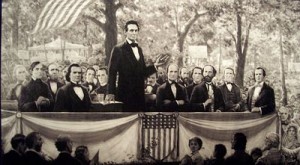 Lincoln at a debate with Stephen Douglas, public domain image